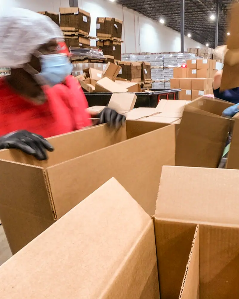 Workers folding and checking corrugated cartons